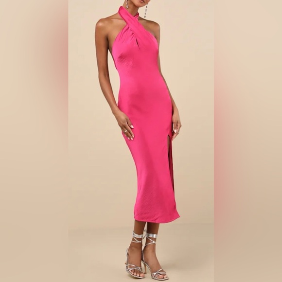 Lulus NWT Women’s “Beyond Classy” Hot Pink Satin Halter Midi Dress. Size Medium. - Picture 7 of 16